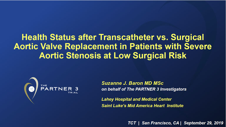 Title slide from Health Status after Transcatheter vs. Surgical Aortic Valve Replacement in Patients with severe aortic stenosis at Low Surgical Risk