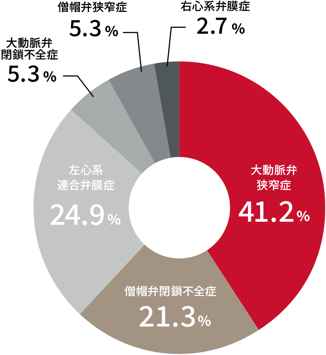 大動脈弁狭窄症（AS）41.2%、僧帽弁閉鎖不全症21.3％、左心系連合弁膜症24.9％など。