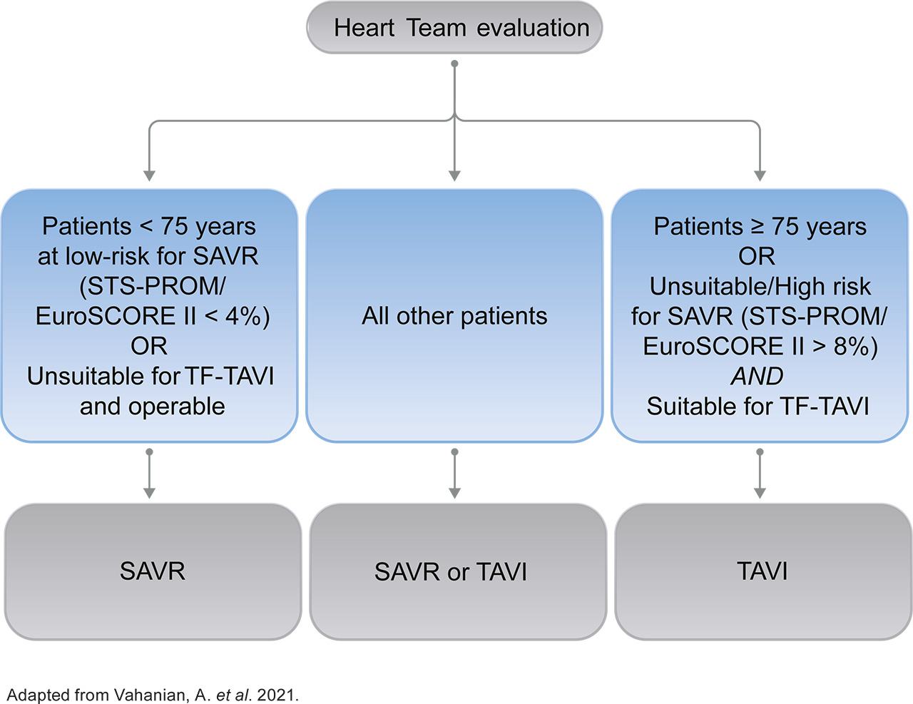 New standard of care Graphic showing a new standard of care for all patients with severe aortic stenosis* ≥75 years of age: TF-TAVI