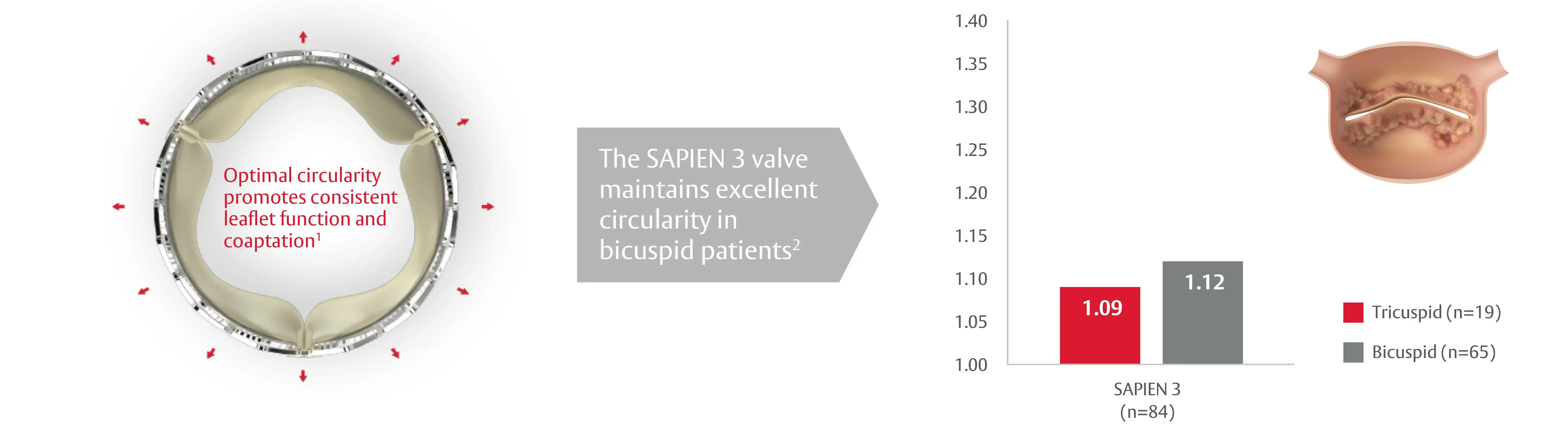 Left: top-down image of a circular transcatheter valve ring with red arrows around it and the caption: ‘Optimal circularity promotes consistent leaflet function and coaptation¹.’ Center: grey callout—‘The SAPIEN 3 valve maintains excellent circularity in bicuspid patients².’ Right: bar chart labeled at the bottom ‘SAPIEN 3 (n=84)’ with y-axis ticks 1.00–1.40. Two bars: red ‘1.09’ (legend: ‘Tricuspid (n=19)’) and grey ‘1.12’ (legend: ‘Bicuspid (n=65)’). Small schematic of an aortic valve above the chart. Superscripts ¹ and ² indicate literature references.