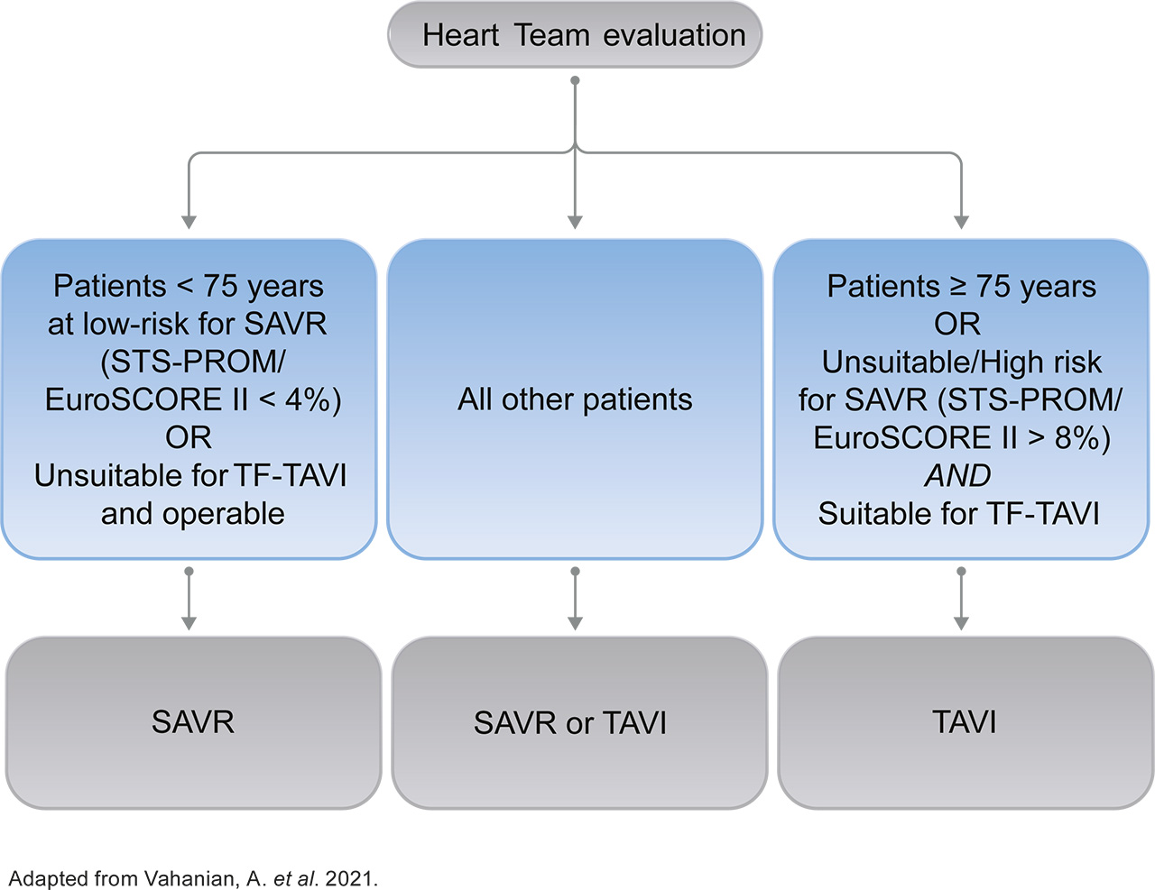 Graphic showing a new standard of care for all patients with severe aortic stenosis* ≥75 years of age: TF-TAVI